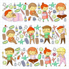 Children medical center. Healthcare illustration. Doodle icons with small kids, infection, fever, cold, virus, illness.