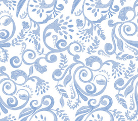 Fototapeta na wymiar Blue floral pattern on white background. Hand made watercolor seamless texture for clothes, fabric