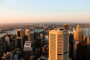 View onto the harbour and skyline of Sydney from the highest lookout in the city during sunset (Sydney, New South Wales, Australia)