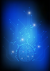 Vector : Brain and electronic circuit on blue background
