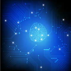 Vector : Brain and electronic circuit on blue background