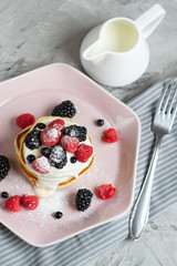 Homemade Pancakes Pastel Pink Plate Sour Cream Berries Coffee Healthy Breakfast Morning Concept