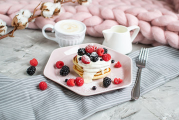Homemade Pancakes Cappuccino Giant Merino Wool Blanket Pastel Pink Plate Sour Cream Berries Coffee Healthy Breakfast Cotton Flower Morning Concept