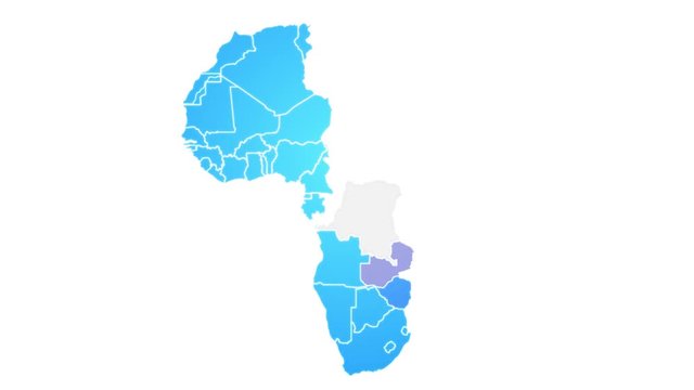 Africa Map Showing Up Intro By Regions/ 4k animated africa map intro background with countries appearing and fading one by one and camera movement