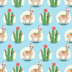 Illustration with alpaca and cactus plants. Vector seamless pattern on blue background. Llama.