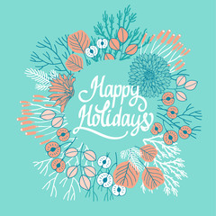 Floral wreath. Vector illustration. Gentle mint background of branches, berries and leaves. Happy Holidays.