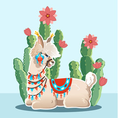 Illustration with llama and cactus plants. Vector seamless pattern on blue background. Greeting card with Alpaca.