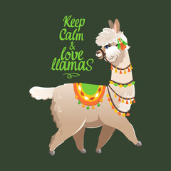 Illustration with llama and cactus plants. Vector seamless pattern on green background. Greeting card with Alpaca.