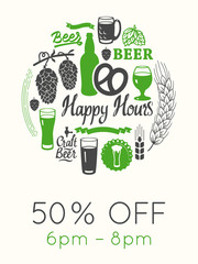 Happy hours poster. Vector illustration with glass of beer in sketch style for bar. Drink menu for celebration. Special offer.