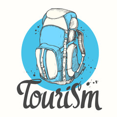 Travel backpack. Vector hand-drawn bag. Illustration in sketch style on white background. Brush calligraphy elements for your design. Handwritten ink lettering.