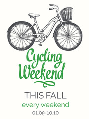 Travel vector illustration with bicycle in sketch style on white background. Cycling weekend. Brush calligraphy elements for your design. Handwritten ink lettering.