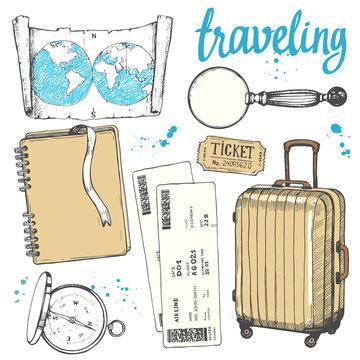 Travel hand-drawn set with photos, tickets, compass, magnifier, map, suitcase. Vector illustration in sketch style on white background. Brush calligraphy elements. Handwritten ink lettering.