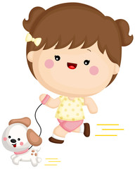 A vector set of a cute little girl running with her dog
