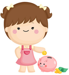 A vector set of a cute little girl saving her money on piggy bank