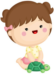 A vector set of a cute little girl playing with turtle doll