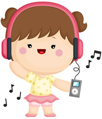 A vector set of a cute little girl enjoy listening music