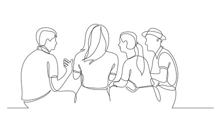 young friends sitting and talking together - one line drawing