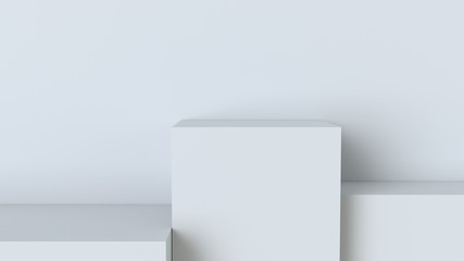 White cube podium on blank wall background. 3D rendering.