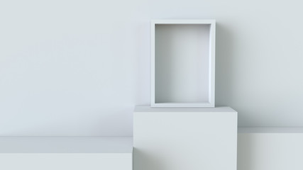 Frame with white cube podium on blank wall background. 3D rendering.