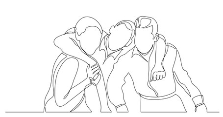 three friends hugging together - one line drawing