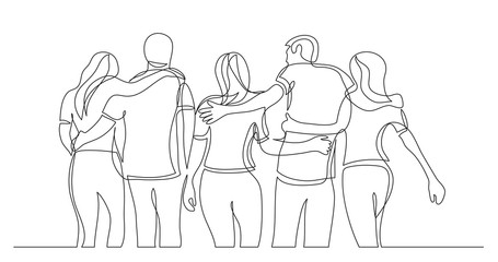 young friends standing together holding hands - one line drawing