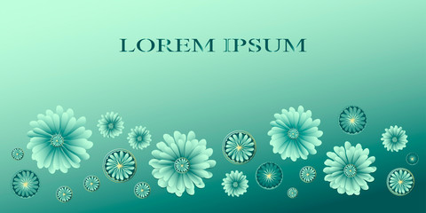 Art vector illustration. Text lorem ipsum. Hand drawn abstract mandala flowers on gradient dark turquoise background. Template for design, greeting card, print, sale flyer, festive banner.