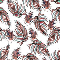 Seamless tropical pattern in coral palm leaves and monstera. Tropical background for textile, wallpaper, pattern fills, covers, surface, print, wrap, scrapbooking.