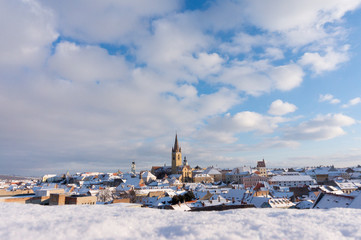 Panoramic view of Sibiu historic center in Transylvania, Romania with The Lutheran Cathedral of...