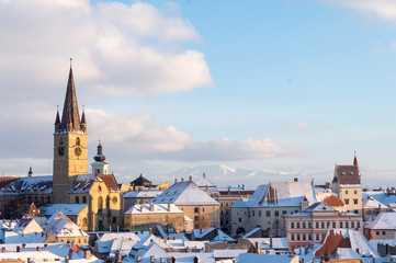 Obraz premium Panoramic view of Sibiu historic center in Transylvania, Romania with The Lutheran Cathedral of Saint Mary. City also known as Hermannstadt