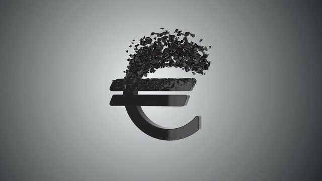 Fractured Euro value 3d model with disappearing effect. Financial crisis concept. Available in FullHD and HD video.