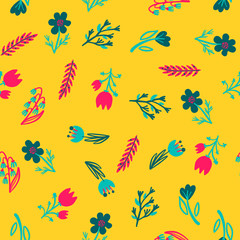 Hand Drawn pattern with summer flowers and herbs vintage Hohloma floral elements. Blue Yellow on white