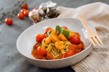 Pasta with Shrimp Dinner Dish on a the table