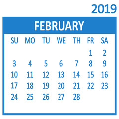 February. Second page of set. Calendar 2019, template. Week starts from Sunday. Vector illustration