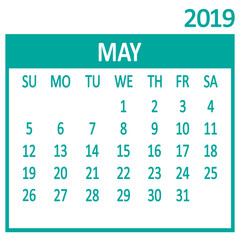 May. Fifth page of set. Calendar 2019, template. Week starts from Sunday. Vector illustration