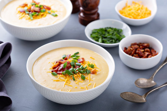 Potato Cream Soup With Bacon, Green Onion And Cheese