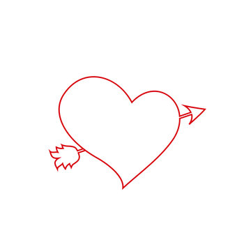 red outline   heart pierced with arrow on white background.