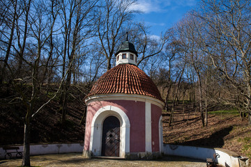 Fototapeta na wymiar The little Chapel of the Infant Jesus a built on the 18th century that belonged to the monks of bare Carmelites located at Petrin Gardens