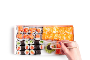 Sushi delivery to go set japanese chinese food isolated white background