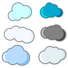 A group of cloud icons of various shapes and colors. Isolated vector illustration on white background.