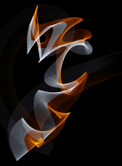 Orange-yellow-white curled line - ribbon painted by light on the black background. Improvisational...