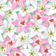 Seamless floral pattern. Chaotic arrangement of flowers. White and pink lily flower on pastel green background.