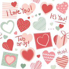Red, pink and green hearts collection seamless pattern, with hand written I love you text and striped and dotted squares, on white background