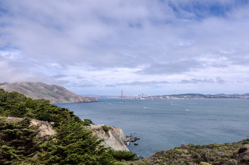 Wide angle view of the Golden Gate Bridge in San Francisco as seen from the Marin Headlands