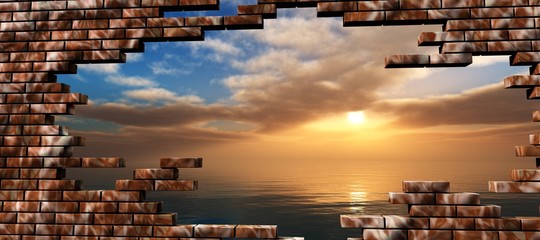 Fototapety  Morski zachód słońca w rozbiciu ceglanego muru,