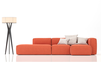 Orange sofa isolate on white background 3d render.There are clipping path on sofa and lamp