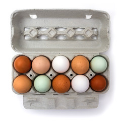 Ten colorful chicken eggs in carton box