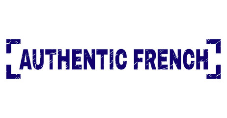 AUTHENTIC FRENCH text seal watermark with corroded effect. Text caption is placed inside corners. Blue vector rubber print of AUTHENTIC FRENCH with corroded texture.