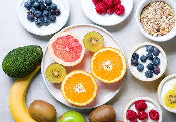 Healthy eating. Composition of fresh fruit with natural yoghurt.