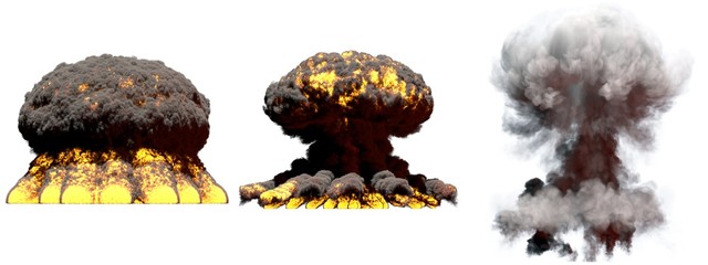 3D illustration of explosion - 3 big different phases fire mushroom cloud explosion of atom bomb with smoke and flame isolated on white