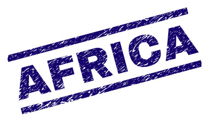 AFRICA seal print with scratced style. Blue vector rubber print of AFRICA title with grunge texture. Text title is placed between parallel lines.